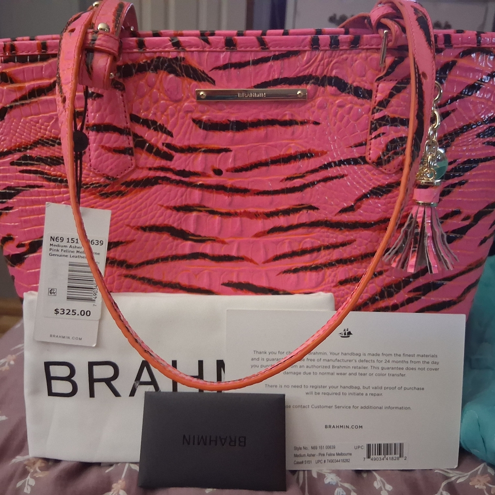 Brahmin Hot Pink and Black Tiger-Stripe Leather Tote - Picture 3 of 3